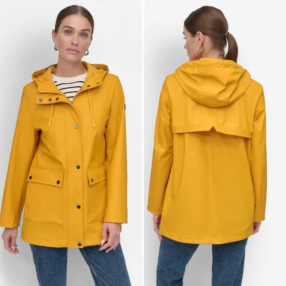 DKNY Yellow Nautical Waterproof Hooded Rain Jacket Coat - DL5MPW27 - Large - Picture 2 of 12
